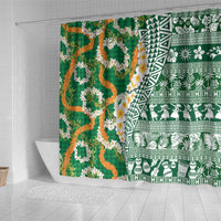 Hawaiian Plumeria Lei Shower Curtain Kakau Motifs and Palaka Half Style Green Color LT03 - Polynesian Pride