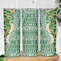 Hawaiian Plumeria Lei Skinny Tumbler Kakau Motifs and Palaka Half Style Green Color - Polynesian Pride