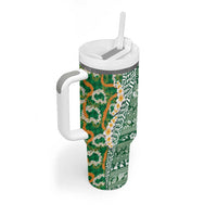 Hawaiian Plumeria Lei Tumbler With Handle Kakau Motifs and Palaka Half Style Green Color LT03 - Polynesian Pride