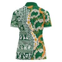 Hawaiian Plumeria Lei Women Polo Shirt Kakau Motifs and Palaka Half Style Green Color - Polynesian Pride