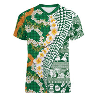 Hawaiian Plumeria Lei Women V-Neck T-Shirt Kakau Motifs and Palaka Half Style Green Color - Polynesian Pride