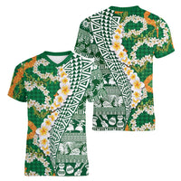 Hawaiian Plumeria Lei Women V-Neck T-Shirt Kakau Motifs and Palaka Half Style Green Color - Polynesian Pride