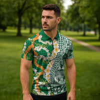 Hawaiian Plumeria Lei Zipper Polo Shirt Kakau Motifs and Palaka Half Style Green Color - Polynesian Pride
