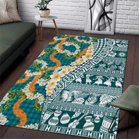 Hawaiian Plumeria Lei Area Rug Kakau Motifs and Palaka Half Style Turquoise Color LT03 Turquoise - Polynesian Pride