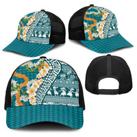 Hawaiian Plumeria Lei Baseball Net Cap Kakau Motifs and Palaka Half Style Turquoise Color LT03 - Polynesian Pride