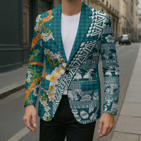 Hawaiian Plumeria Lei Blazer Kakau Motifs and Palaka Half Style Turquoise Color LT03 - Polynesian Pride