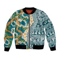 Hawaiian Plumeria Lei Bomber Jacket Kakau Motifs and Palaka Half Style Turquoise Color LT03 Unisex Turquoise - Polynesian Pride