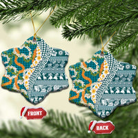 Hawaiian Plumeria Lei Ceramic Ornament Kakau Motifs and Palaka Half Style Turquoise Color LT03 Snow Flake Turquoise - Polynesian Pride