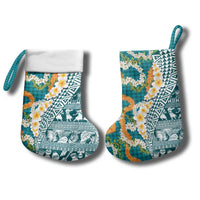 Hawaiian Plumeria Lei Christmas Stocking Kakau Motifs and Palaka Half Style Turquoise Color - Polynesian Pride