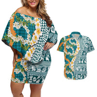 Hawaiian Plumeria Lei Couples Matching Off Shoulder Short Dress and Hawaiian Shirt Kakau Motifs and Palaka Half Style Turquoise Color - Polynesian Pride