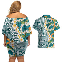 Hawaiian Plumeria Lei Couples Matching Off Shoulder Short Dress and Hawaiian Shirt Kakau Motifs and Palaka Half Style Turquoise Color - Polynesian Pride