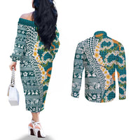 Hawaiian Plumeria Lei Couples Matching Off The Shoulder Long Sleeve Dress and Long Sleeve Button Shirt Kakau Motifs and Palaka Half Style Turquoise Color - Polynesian Pride