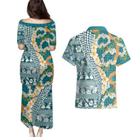 Hawaiian Plumeria Lei Couples Matching Puletasi and Hawaiian Shirt Kakau Motifs and Palaka Half Style Turquoise Color - Polynesian Pride
