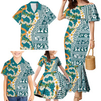 Hawaiian Plumeria Lei Family Matching Mermaid Dress and Hawaiian Shirt Kakau Motifs and Palaka Half Style Turquoise Color - Polynesian Pride