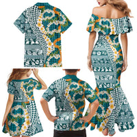 Hawaiian Plumeria Lei Family Matching Mermaid Dress and Hawaiian Shirt Kakau Motifs and Palaka Half Style Turquoise Color - Polynesian Pride