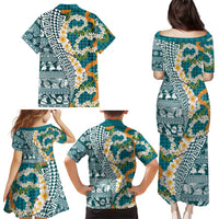 Hawaiian Plumeria Lei Family Matching Puletasi and Hawaiian Shirt Kakau Motifs and Palaka Half Style Turquoise Color - Polynesian Pride