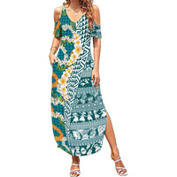 Hawaiian Plumeria Lei Family Matching Summer Maxi Dress and Hawaiian Shirt Kakau Motifs and Palaka Half Style Turquoise Color - Polynesian Pride
