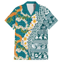 Hawaiian Plumeria Lei Hawaiian Shirt Kakau Motifs and Palaka Half Style Turquoise Color LT03 Turquoise - Polynesian Pride