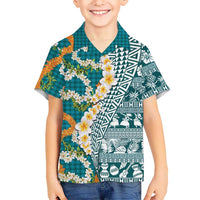 Hawaiian Plumeria Lei Hawaiian Shirt Kakau Motifs and Palaka Half Style Turquoise Color LT03 - Polynesian Pride