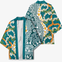 Hawaiian Plumeria Lei Kimono Kakau Motifs and Palaka Half Style Turquoise Color - Polynesian Pride
