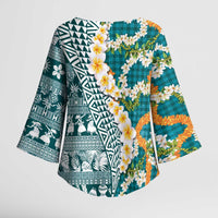Hawaiian Plumeria Lei Kimono Sleeve Blouse Kakau Motifs and Palaka Half Style Turquoise Color LT03 - Polynesian Pride