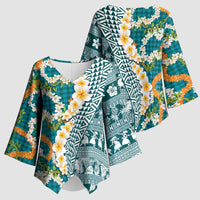 Hawaiian Plumeria Lei Kimono Sleeve Blouse Kakau Motifs and Palaka Half Style Turquoise Color LT03 - Polynesian Pride