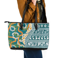 Hawaiian Plumeria Lei Leather Tote Bag Kakau Motifs and Palaka Half Style Turquoise Color LT03 - Polynesian Pride