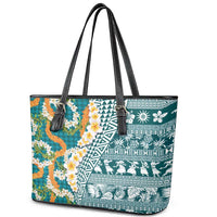Hawaiian Plumeria Lei Leather Tote Bag Kakau Motifs and Palaka Half Style Turquoise Color LT03 - Polynesian Pride