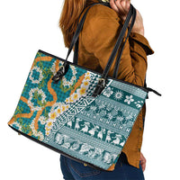 Hawaiian Plumeria Lei Leather Tote Bag Kakau Motifs and Palaka Half Style Turquoise Color LT03 - Polynesian Pride