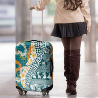 Hawaiian Plumeria Lei Luggage Cover Kakau Motifs and Palaka Half Style Turquoise Color - Polynesian Pride