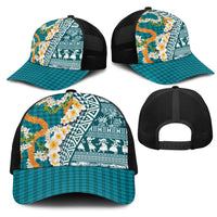 Hawaiian Plumeria Lei Mesh Trucker Cap Kakau Motifs and Palaka Half Style Turquoise Color LT03 - Polynesian Pride