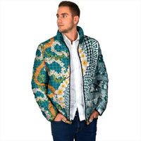 Hawaiian Plumeria Lei Padded Jacket Kakau Motifs and Palaka Half Style Turquoise Color LT03 - Polynesian Pride