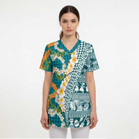 Hawaiian Plumeria Lei Scrub Top Kakau Motifs and Palaka Half Style Turquoise Color LT03 - Polynesian Pride