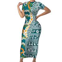 Hawaiian Plumeria Lei Short Sleeve Bodycon Dress Kakau Motifs and Palaka Half Style Turquoise Color - Polynesian Pride