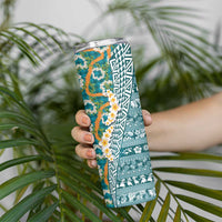 Hawaiian Plumeria Lei Skinny Tumbler Kakau Motifs and Palaka Half Style Turquoise Color - Polynesian Pride