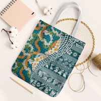 Hawaiian Plumeria Lei Tote Bag Kakau Motifs and Palaka Half Style Turquoise Color LT03 White Strap One Size Turquoise - Polynesian Pride