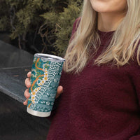 Hawaiian Plumeria Lei Tumbler Cup Kakau Motifs and Palaka Half Style Turquoise Color - Polynesian Pride