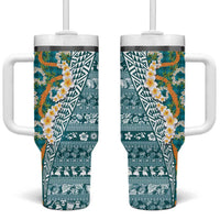Hawaiian Plumeria Lei Tumbler With Handle Kakau Motifs and Palaka Half Style Turquoise Color LT03 One Size: 40 oz Turquoise - Polynesian Pride