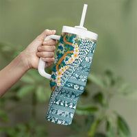 Hawaiian Plumeria Lei Tumbler With Handle Kakau Motifs and Palaka Half Style Turquoise Color LT03 - Polynesian Pride
