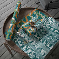 Hawaiian Plumeria Lei Wrapping Paper Kakau Motifs and Palaka Half Style Turquoise Color - Polynesian Pride