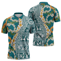 Hawaiian Plumeria Lei Zipper Polo Shirt Kakau Motifs and Palaka Half Style Turquoise Color - Polynesian Pride