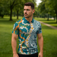 Hawaiian Plumeria Lei Zipper Polo Shirt Kakau Motifs and Palaka Half Style Turquoise Color - Polynesian Pride