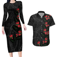 Hawaiian Kakau Art Couples Matching Long Sleeve Bodycon Dress and Hawaiian Shirt Taro Leaves with Ohia Lehua and Pakala Pattern - Polynesian Pride