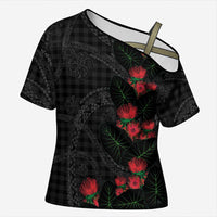 Hawaiian Kakau Art Cross Shoulder Shirt Taro Leaves with Ohia Lehua and Pakala Pattern LT03 Female Black - Polynesian Pride