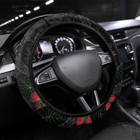Hawaiian Kakau Art Steering Wheel Cover Taro Leaves with Ohia Lehua and Pakala Pattern LT03 Universal Fit Black - Polynesian Pride
