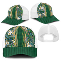 Hawaiian Art Flower Tribal with Lei Baseball Net Cap Palaka Pattern Green Color - Polynesian Pride