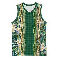 Hawaiian Art Flower Tribal with Lei Basketball Jersey Palaka Pattern Green Color LT03 Unisex Green - Polynesian Pride