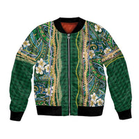 Hawaiian Art Flower Tribal with Lei Bomber Jacket Palaka Pattern Green Color LT03 Unisex Green - Polynesian Pride