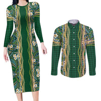 Hawaiian Art Flower Tribal with Lei Couples Matching Long Sleeve Bodycon Dress and Long Sleeve Button Shirt Palaka Pattern Green Color LT03 Green - Polynesian Pride