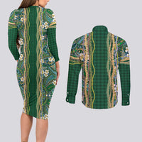 Hawaiian Art Flower Tribal with Lei Couples Matching Long Sleeve Bodycon Dress and Long Sleeve Button Shirt Palaka Pattern Green Color LT03 - Polynesian Pride